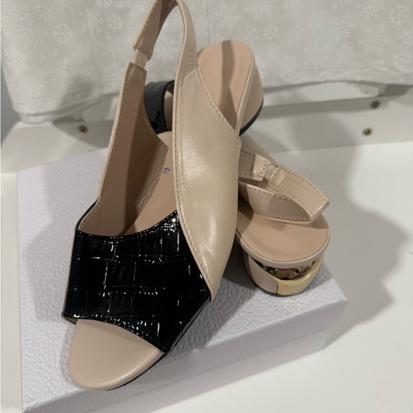 Chic Beige and Black Slingback Heels - Picture 1 of 6